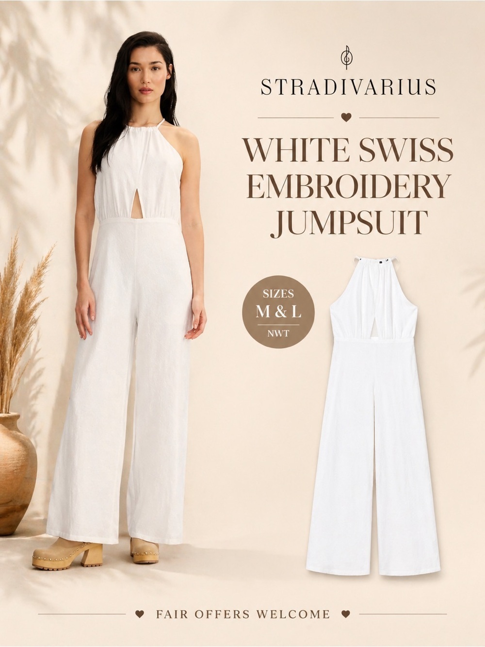 Stradivarius White Swiss Embroidery Halter Jumpsuit Wide Leg NWT Sizes M L